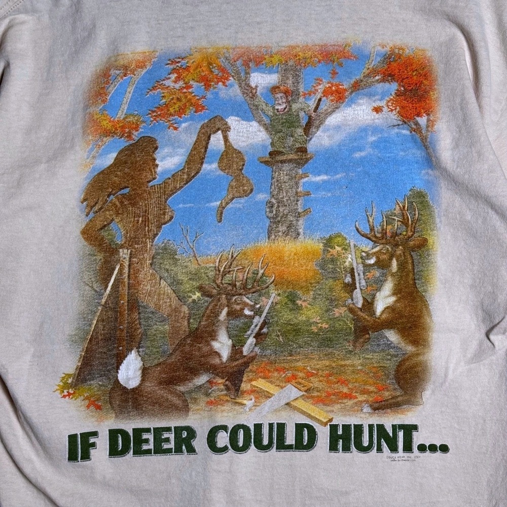 Vintage 2001 Buck‎ Wear If Deer Could Hunt T-Shirt Mens Large Tan Distressed Tee